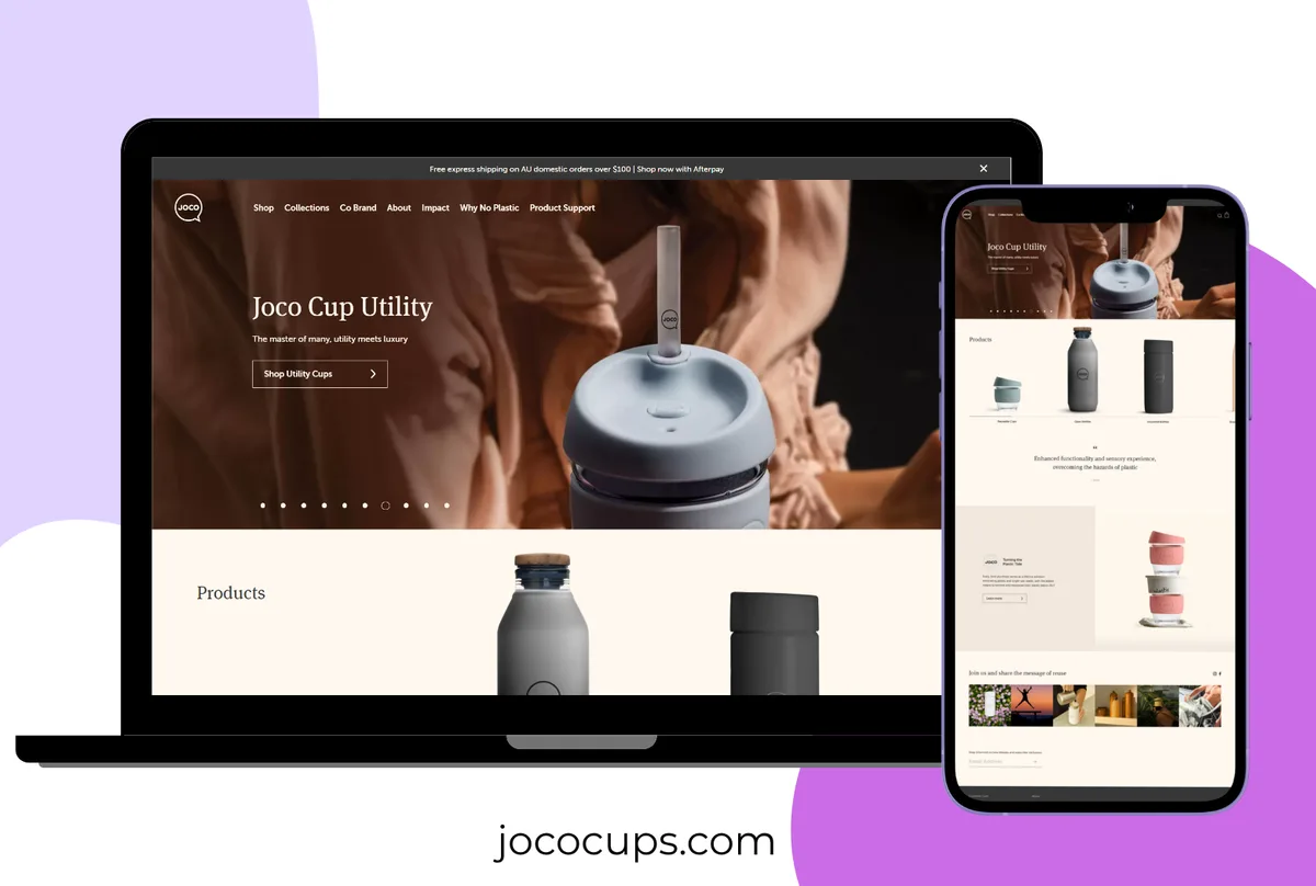 Joco Cups website shown on desktop and mobile